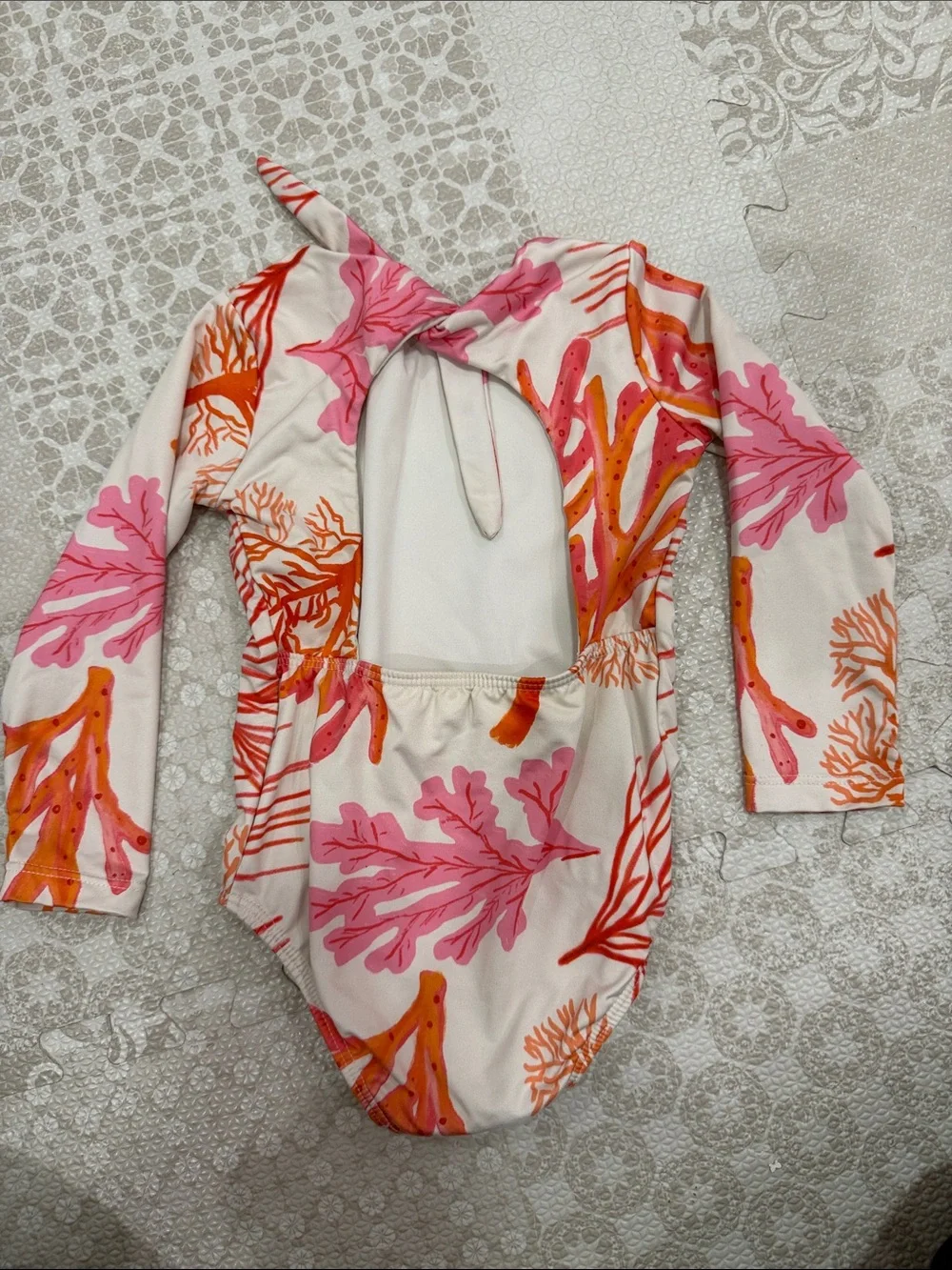 Girls' Long-Sleeve One-Piece Swimsuit in Pink & Orange Coral Print